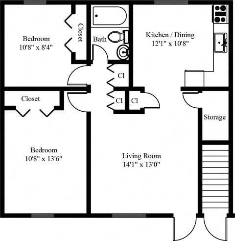 Floor plan for 2 beds, 1 bath, 804 sqft